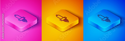 Isometric line Car spark plug icon isolated on pink and orange, blue background. Car electric candle. Square button. Vector