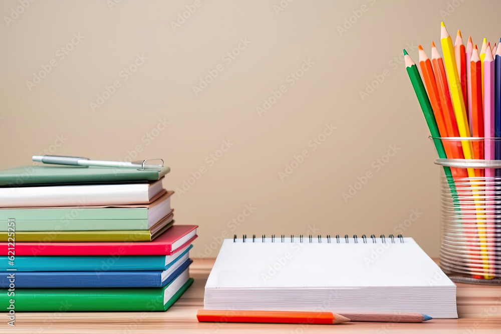 top wiew of a college desk with pencil colors, back to school concept top wiew of a college desk with pencil colors, back to school concept