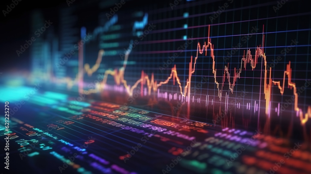 Abstract glowing graph and hologram of business development on a dark background. Created with Generative Ai technology. Abstract glowing graph and hologram of business development on a dark background. Created with Generative Ai technology.