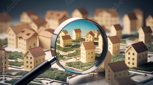 Searching new house for purchase. Rental housing market. Magnifying glass near residential building.
