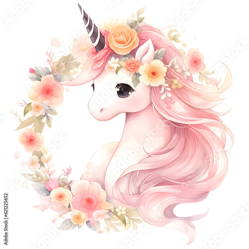 Adorable Fairy Unicorn in wreaths watercolor style