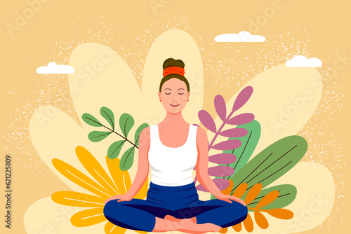 Meditation, mindfulness, and yoga background plants in blue tones. Woman sits cross-legged and meditates. Vector illustration
