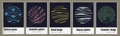Brutalist abstract geometric design, minimal poster set. Modern geometric composition "SSTKbold". Outline hand drawing line patterns in circle figure.