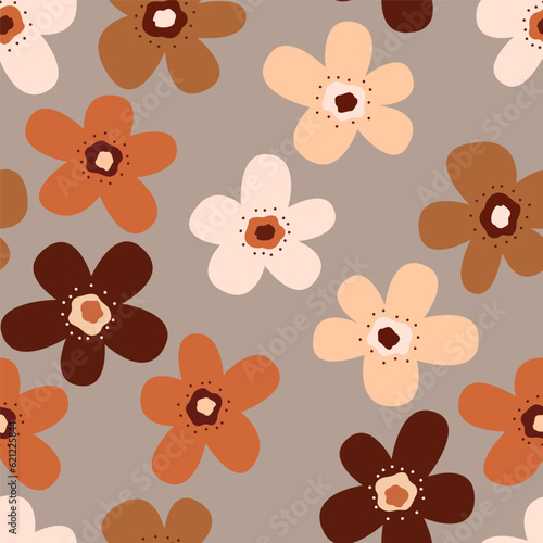 Seamless background with primitive childish floral pattern. Natural earth colors. Simple cute big flowers in boho style. Children's wallpaper for children's room, print for banner, postcard