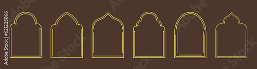 Set of frames, windows, arches in oriental Muslim style. Trendy minimalistic vector borders for poster design, restaurant menu, logo, invitation card, social media story.