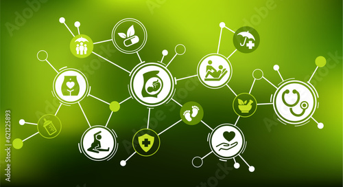 Green pregnancy / obstetrics / midwifery vector illustration. Green concept with icons related to alternative medicine, holistic treatment, healthcare, natural remedy or therapy, gynecologist care.