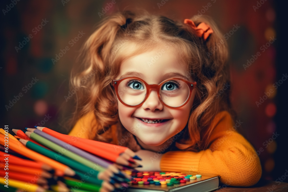 Fototapeta premium Cute european kid girl with colored pencil at the desk. School education concept. Generative AI