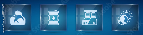 Set Deforestation, Barrel oil, Nuclear power plant and Global warming. Square glass panels. Vector
