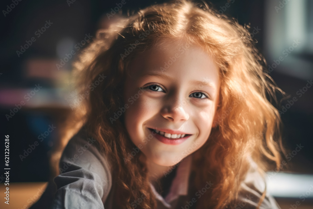 Portrait of cute schoolgirl sitting at a desk smiling. Generative AI Portrait of cute schoolgirl sitting at a desk smiling. Generative AI