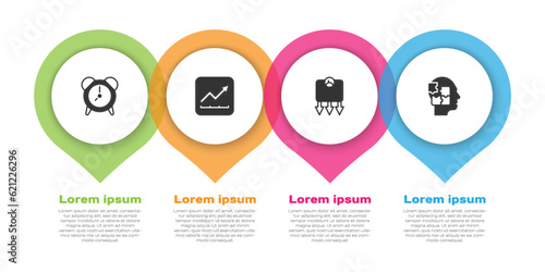 Set Alarm clock, Financial growth increase, Weight loss and Head puzzles strategy. Business infographic template. Vector