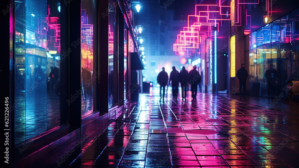 Vibrant Neon Lights Illuminating Urban Streets. Generative Ai