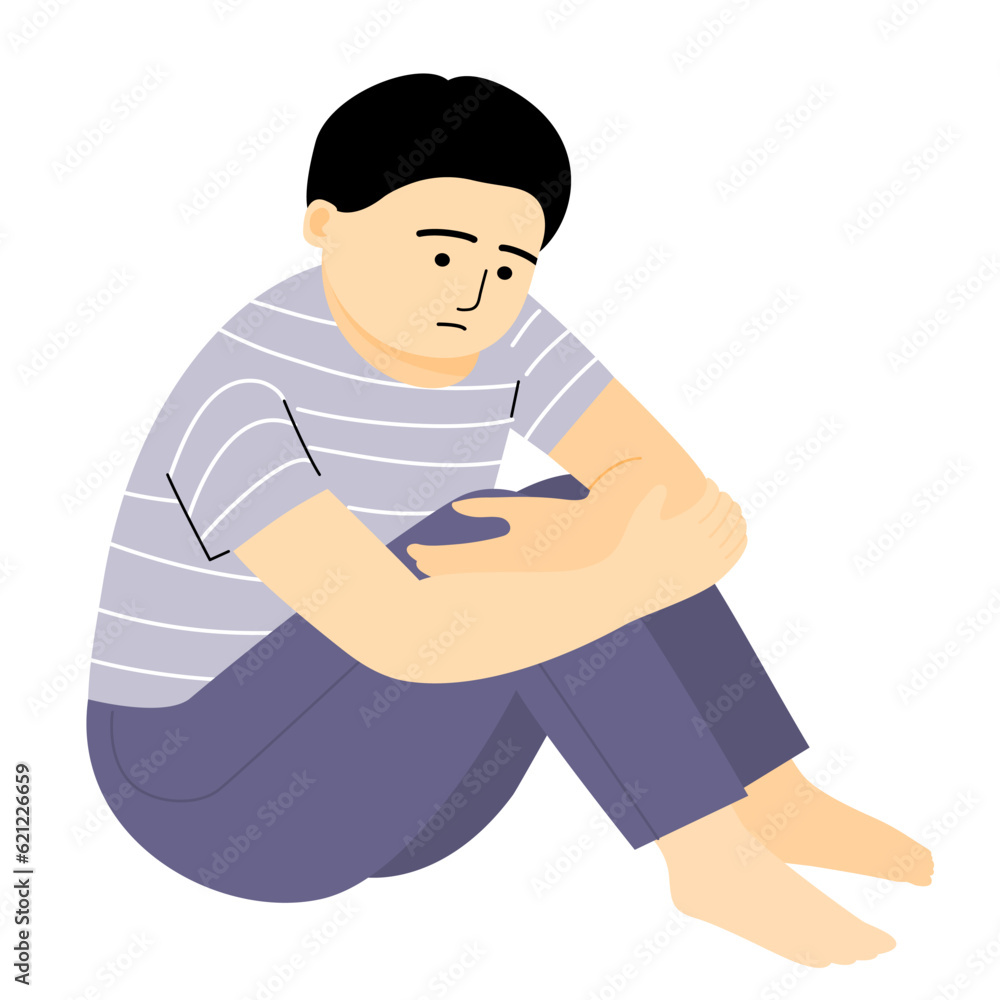 Isolated of a worry boy sitting on the floor with hands on knee. Flat vector illustration.	