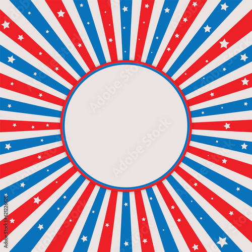 American usa flag in red and blue sunburst background with stars and colored circle