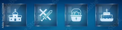 Set Church building, Crusade, Basket with easter eggs and Ark of noah. Square glass panels. Vector