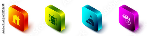 Set Isometric Real estate, Hiking backpack, Feeding the homeless and Donation food icon. Vector