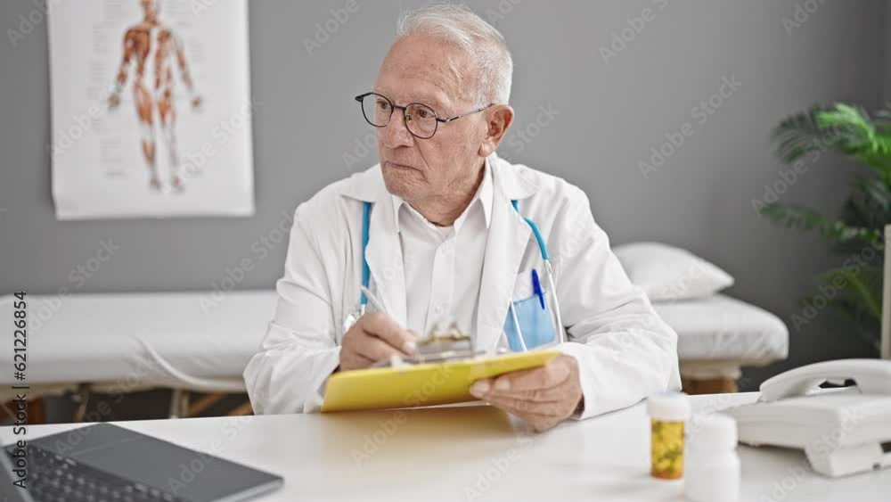 Senior grey-haired man doctor writing medical report at clinic Senior grey-haired man doctor writing medical report at clinic