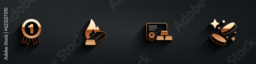 Set Medal, Molten gold being poured, Gold bars with certificate and coin money icon with long shadow. Vector