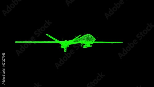 3D Military drone rotates on black background. Modern Military Copter Technology concept. Aerial Weapon, Unpilot aircraft. For title, text, presentation. Shimmering particles. 3d animation 60 FPS