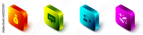 Set Isometric Old money bag, Gold bars 24k, and coin icon. Vector