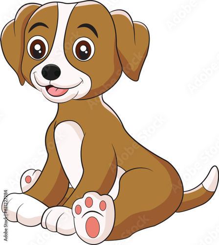 Happy cartoon puppy sitting, Portrait of cute little dog wearing collar. Dog friend. Vector illustration. Isolated on white background.
