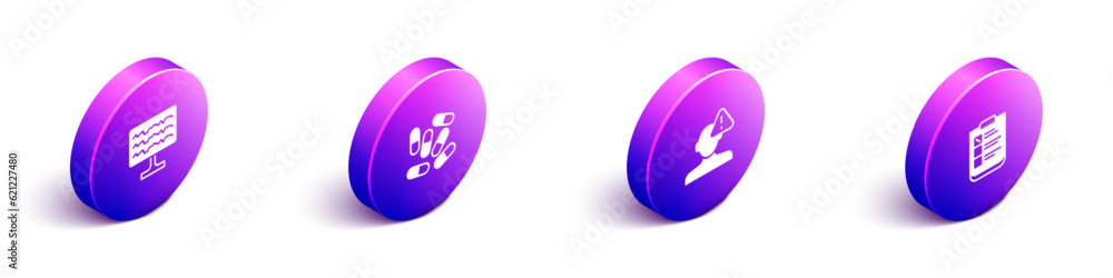 Set Isometric Encephalogram, Medicine pill or tablet, Finding problem psychology and Psychological test icon. Vector Set Isometric Encephalogram, Medicine pill or tablet, Finding problem psychology and Psychological test icon. Vector