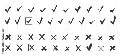 Grey check mark and cross icon set  square. Tick symbol in grey color. Hand drawn checkmark illustration. Vector illustration