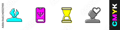 Set Solution problem in psychology, Online psychological counseling, Old hourglass and Broken heart or divorce icon. Vector