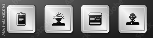 Set Psychological test, Concussion, headache, Online psychological counseling and Tear cry eye icon. Silver square button. Vector