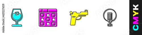 Set Wine glass, Drum machine music, Pistol or gun and Microphone icon. Vector