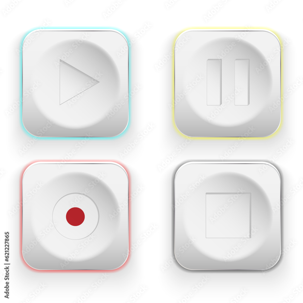 Realistic buttons, play, pause, record, stop on a light background. UI Elements Design Realistic buttons, play, pause, record, stop on a light background. UI Elements Design