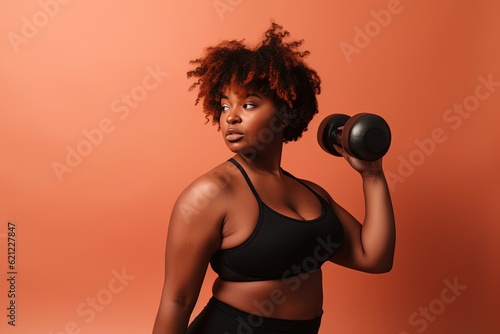 Beautiful african american woman exercising with dumbbells on orange background. Sport, healthy lifestyle, fitness. Generative AI.