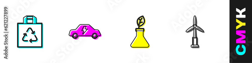 Set Shopping bag with recycle, Electric car, Plant breeding and Wind turbine icon. Vector