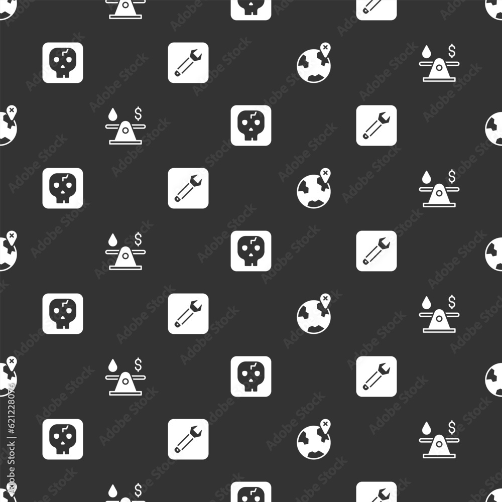 Set Location on the globe, Oil money, Archeology and Wrench spanner on seamless pattern. Vector Set Location on the globe, Oil money, Archeology and Wrench spanner on seamless pattern. Vector