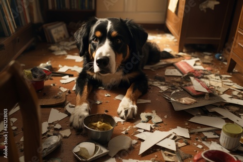 Generative AI Portrait of a dog making chaos and disorder in the apartment. An adult half-breed Bernese Mountain dog destroyed the room.