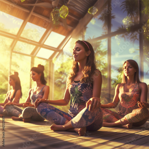group of young women and men meditating peacefully in yoga pose at a yoga class created by generative AI