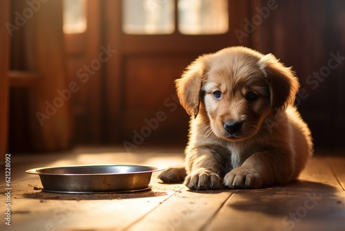 Generative AI Dog is waiting for food in the kitchen, its eyes sad. Golden retriever puppy is lying next to a bowl that is empty. The concept of thirst and hunger.