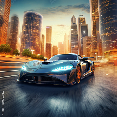 A futuristic sports car in front of a modern metropolis with tall skyscrapers created with generative AI