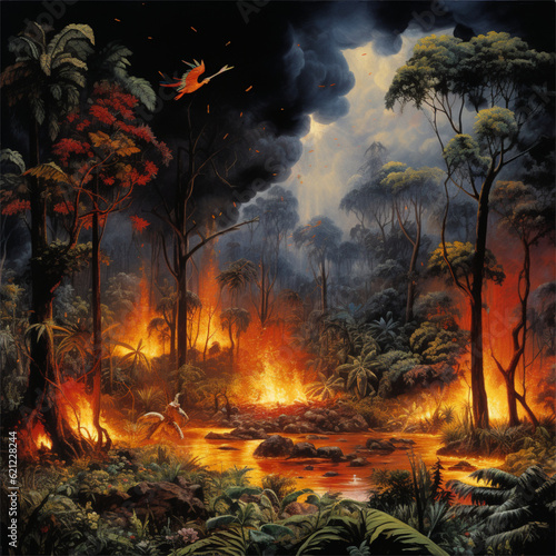 A burning rainforest where slash and burn is happening which increases climate change from which wild animals flee from the fire created with generative AI