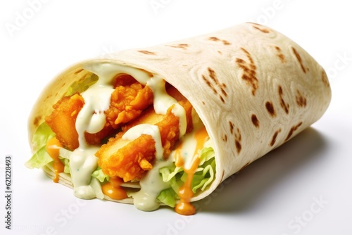 Crispy chicken wrap with lettuce, melted Mozzarella, yellow or honey sauce, tortilla wrap with chicken and vegetables