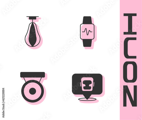 Set Boxing helmet, Punching bag, gong and Smart watch with heart icon. Vector