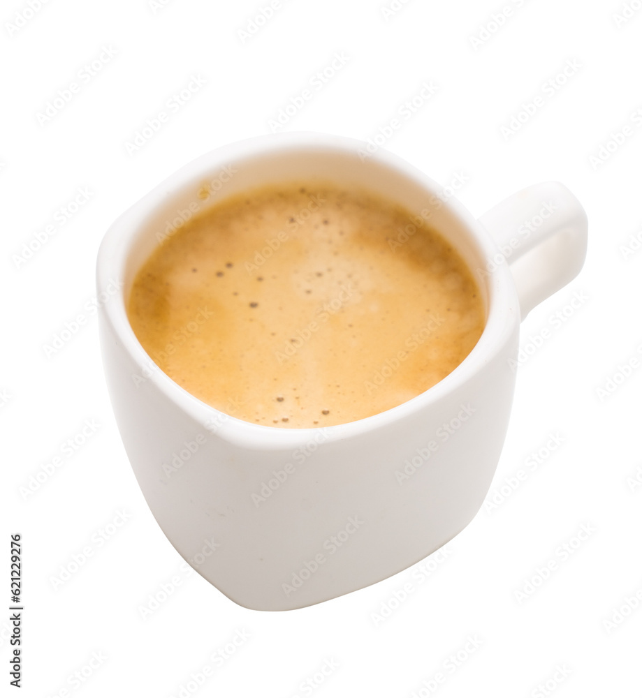 White cup of coffee with foam on a saucer, Fragrant cappuccino with milk ea order. An invigorating drink for coffee connoisseurs. Transparent background, png.
