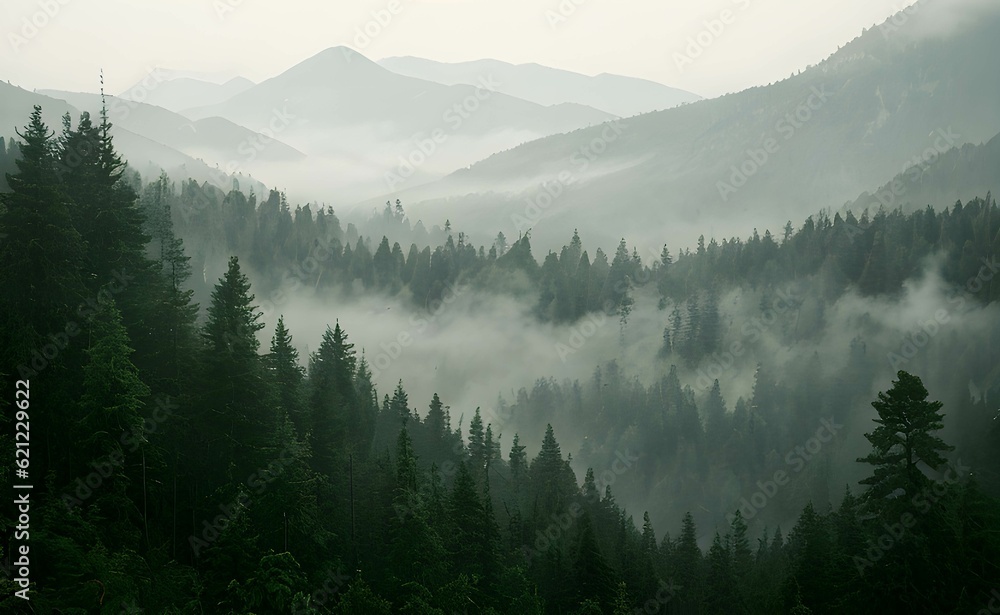 霧がかかる針葉樹の森と山々、神聖な雰囲気、早朝