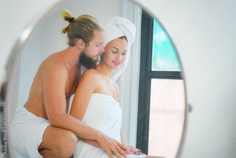 Romantic young couple enjoying and relaxing in the bathtub Romantic young couple enjoying and relaxing in the bathtub