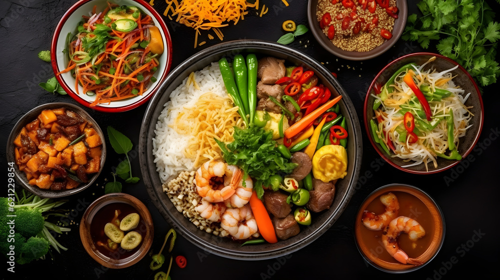 Top view composition of various Asian food in bowl Top view composition of various Asian food in bowl