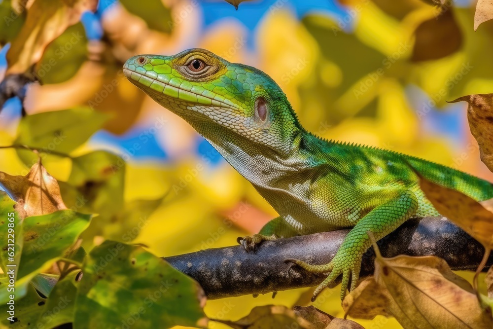 green lizard perched on a tree branch. Generative AI