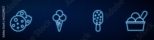 Set line Ice cream, Cookie or biscuit, in waffle cone and bowl. Glowing neon icon on brick wall. Vector