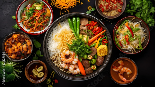 Top view composition of various Asian food in bowl
