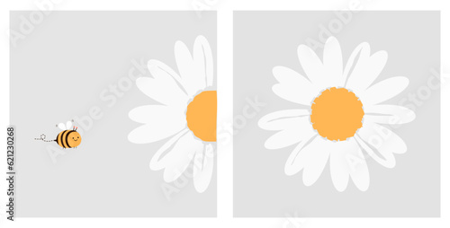 Daisy flower and bee cartoon on grey backgrounds vector illustration. Cute wall art decoration.