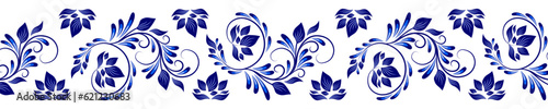 Foto Blue on white floral border in traditional style, decorative element, seamless pattern, vintage design background