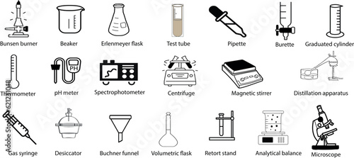 A set of 20 essential chemistry icons. Bunsen burner, Beaker, Erlenmeyer flask, Test tube, Pipette, Burette, Graduated cylinder, Thermometer, pH meter, Spectrophotometer, Centrifuge, Magnetic stirrer, photo